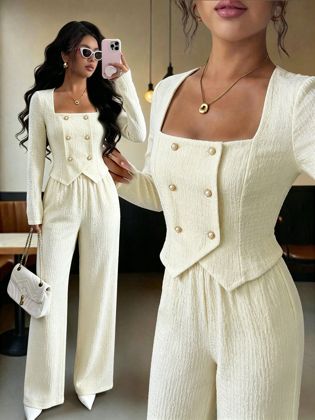 The Old Money Elegance Set | Textured Square-Neck Double-Breasted Top & Wide-Leg Trousers Two-Piece Set