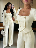 The Old Money Elegance Set | Textured Square-Neck Double-Breasted Top & Wide-Leg Trousers Two-Piece Set