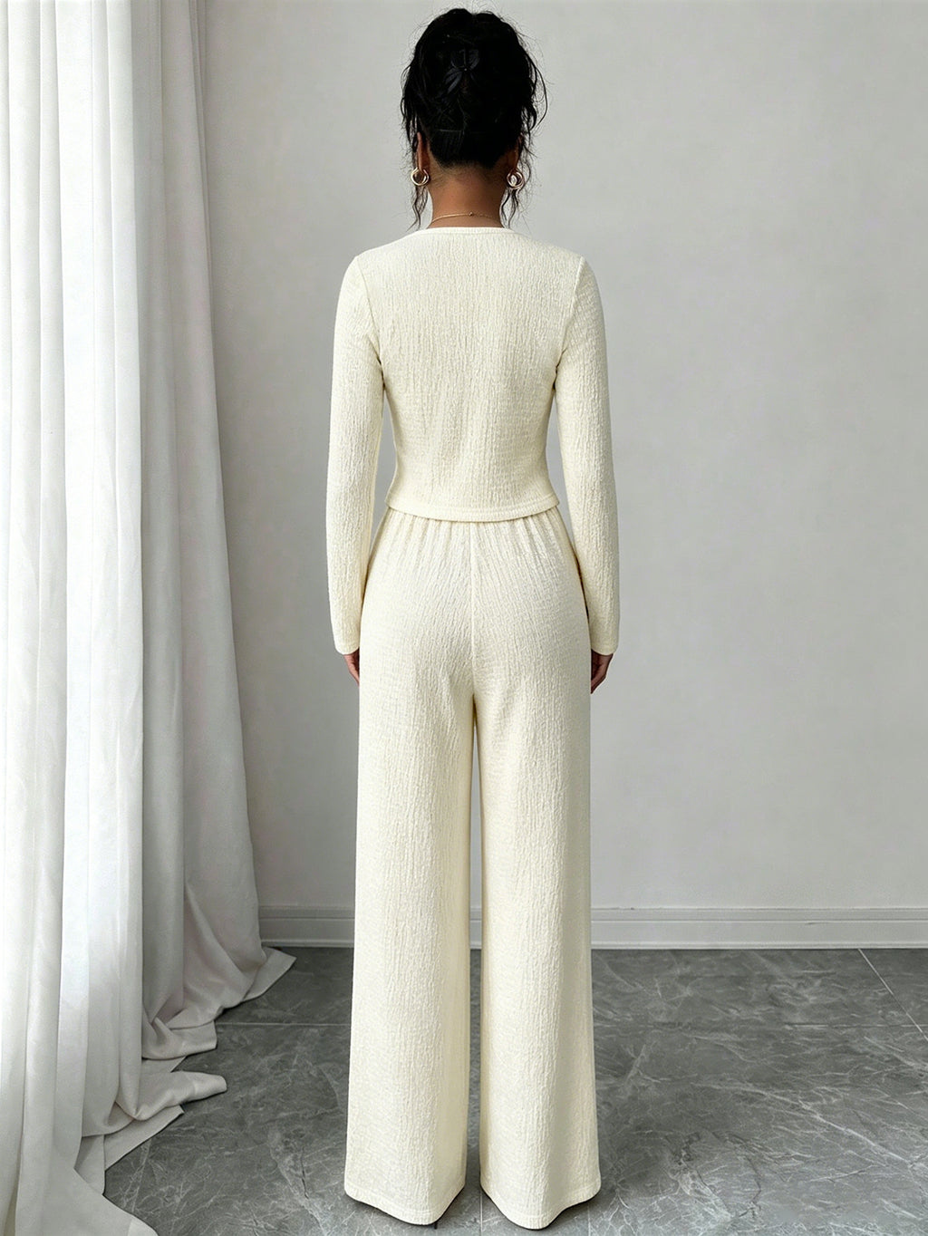 The Old Money Elegance Set | Textured Square-Neck Double-Breasted Top & Wide-Leg Trousers Two-Piece Set