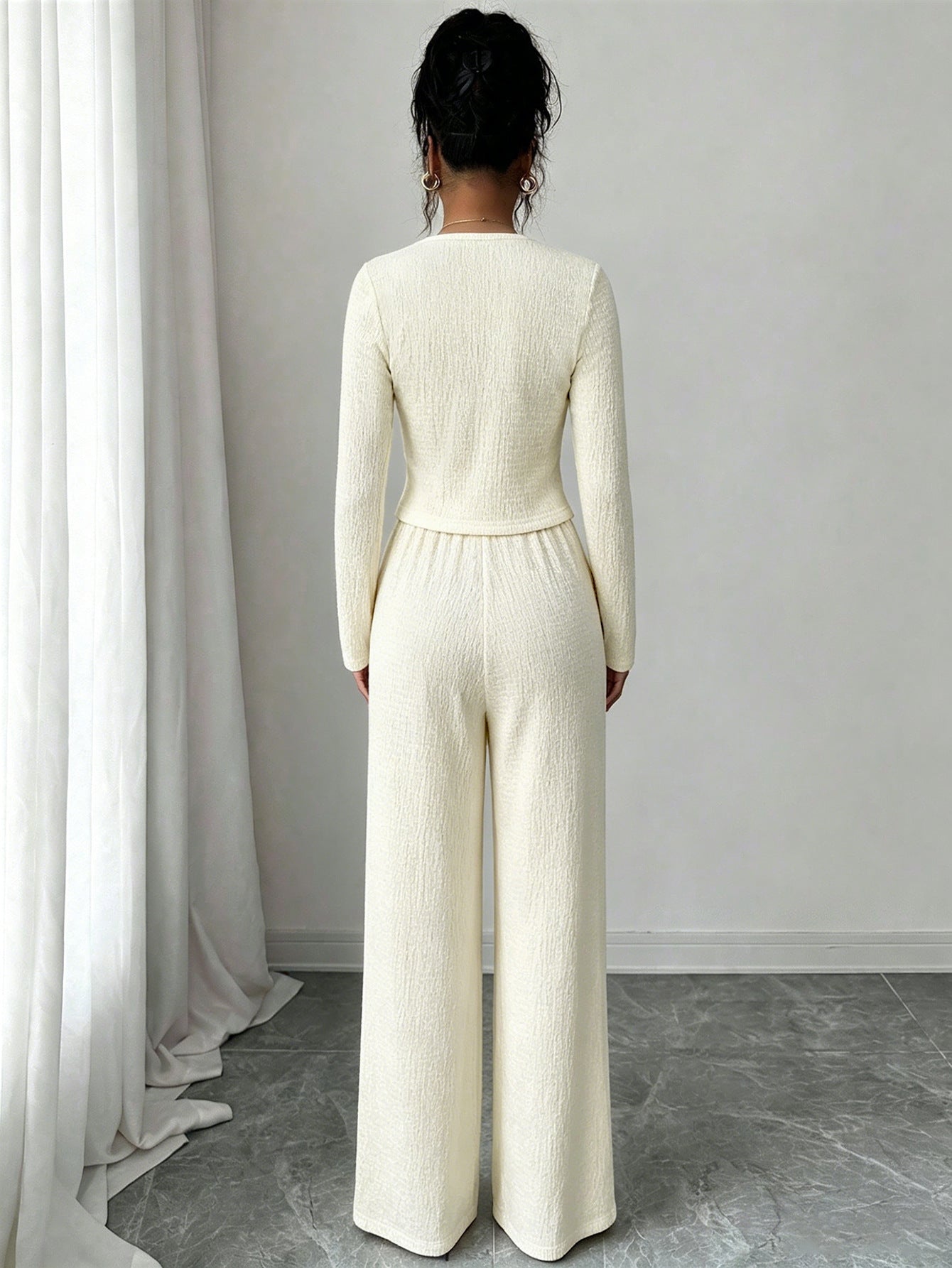 The Old Money Elegance Set | Textured Square-Neck Double-Breasted Top & Wide-Leg Trousers Two-Piece Set