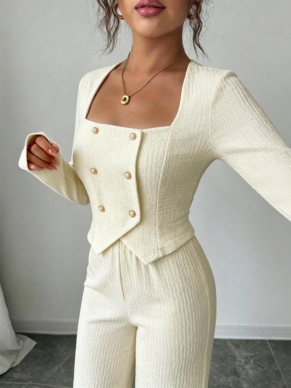 The Old Money Elegance Set | Textured Square-Neck Double-Breasted Top & Wide-Leg Trousers Two-Piece Set