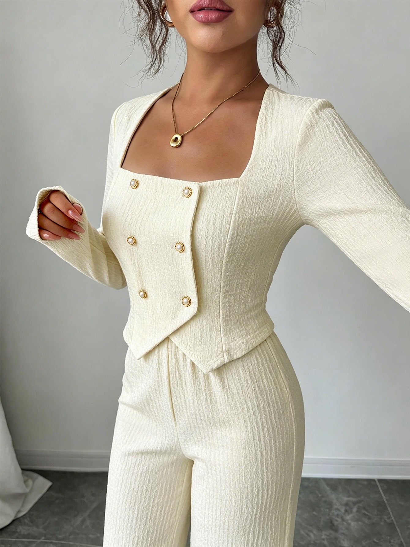 The Old Money Elegance Set | Textured Square-Neck Double-Breasted Top & Wide-Leg Trousers Two-Piece Set