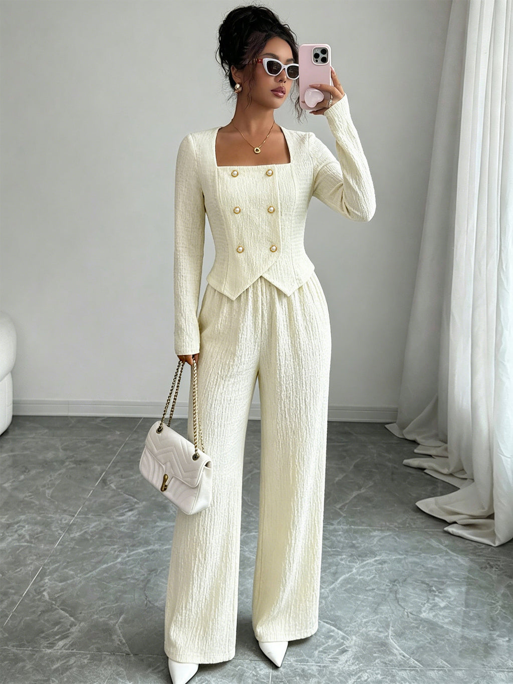 The Old Money Elegance Set | Textured Square-Neck Double-Breasted Top & Wide-Leg Trousers Two-Piece Set