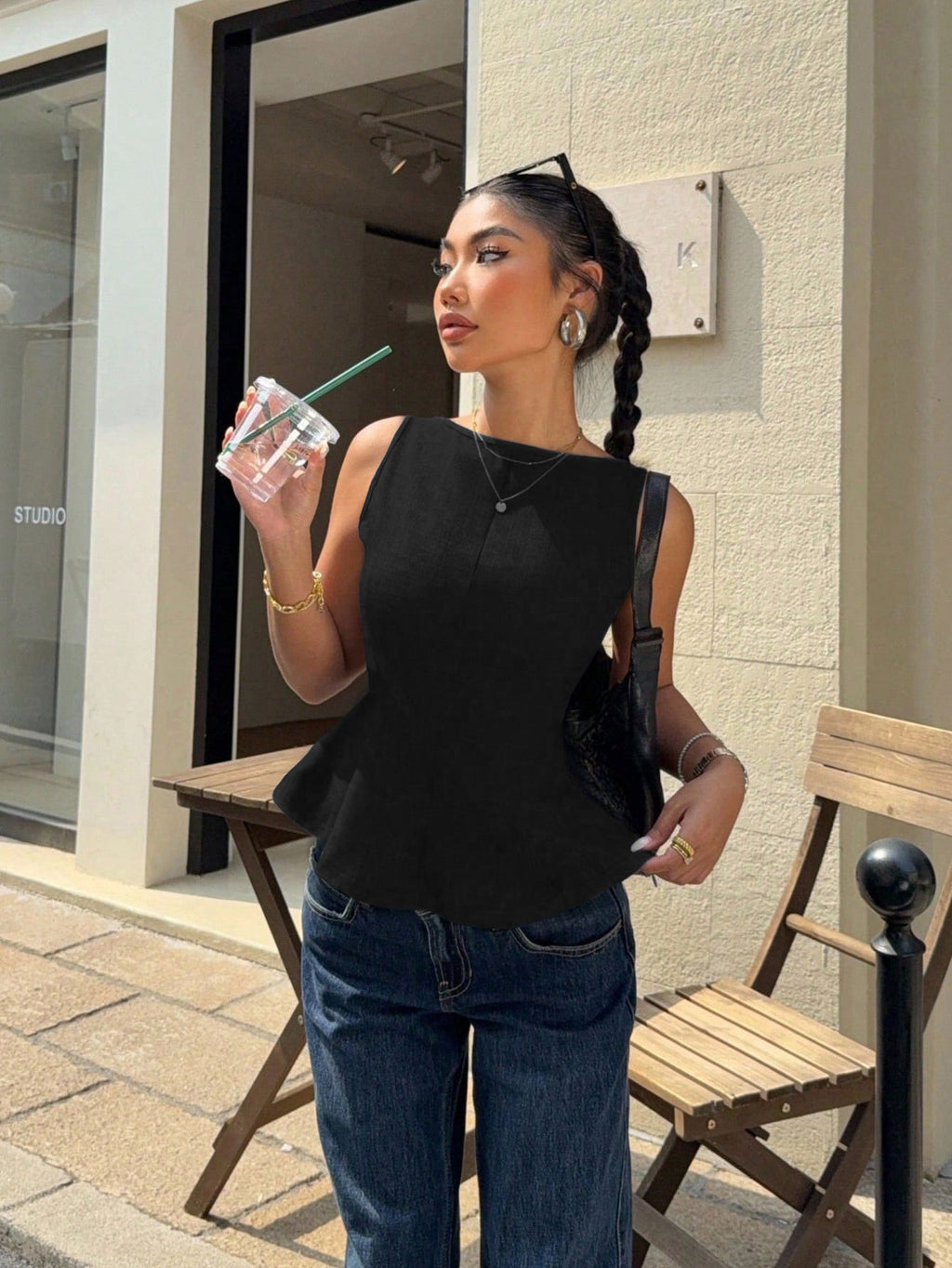 The Hourglass Peplum Top | Elegant Boat-Neck Sleeveless Blouse for Work & Beyond