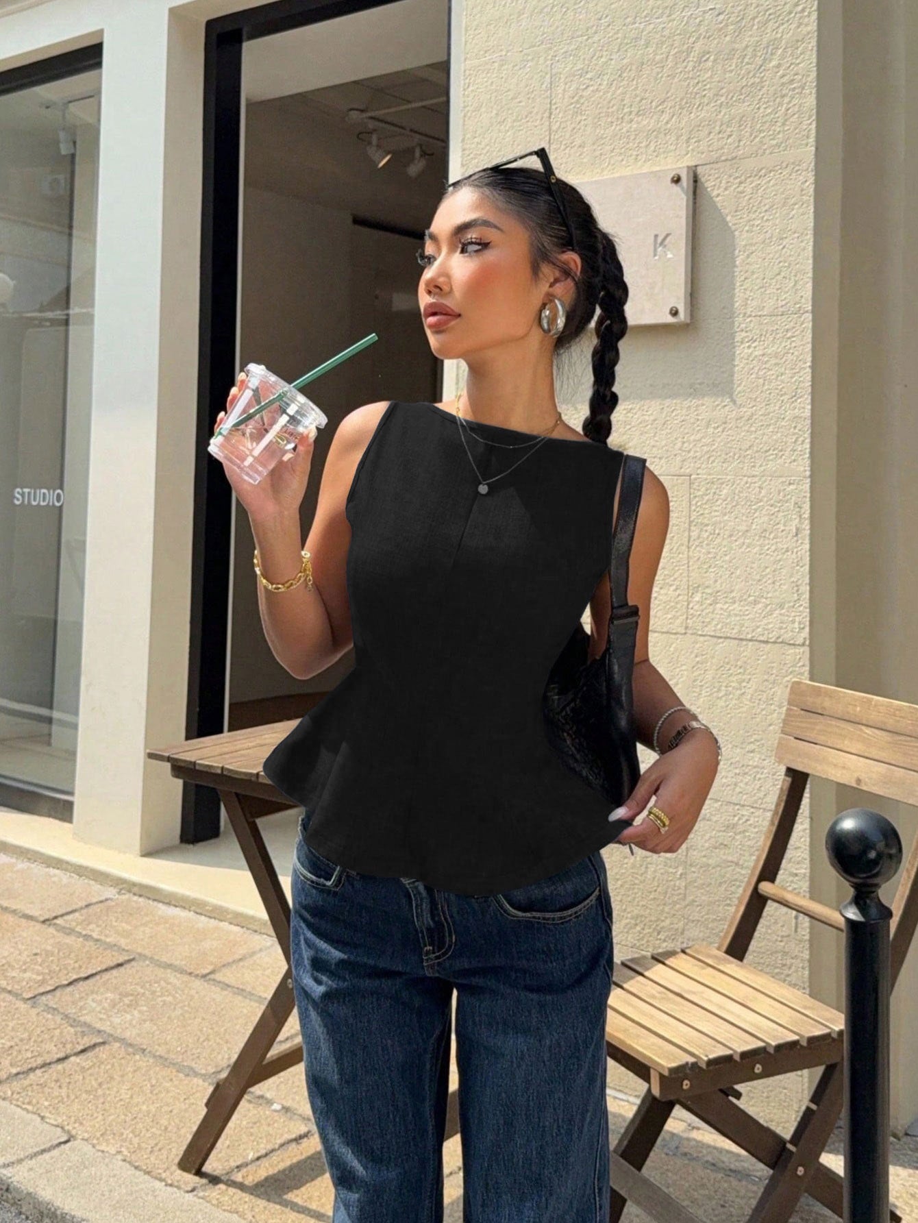 The Hourglass Peplum Top | Elegant Boat-Neck Sleeveless Blouse for Work & Beyond