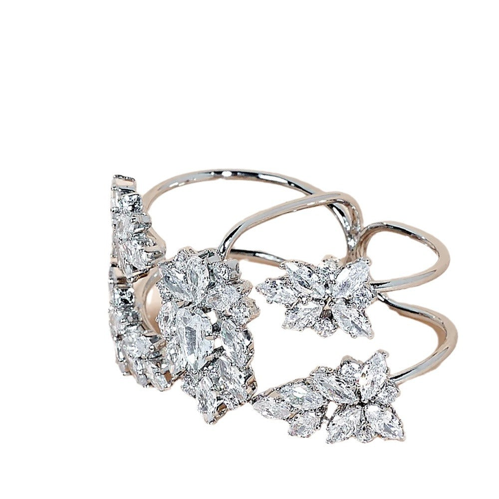 Zircon ring, unique stacking, floral design with zircon inlay, adjustable