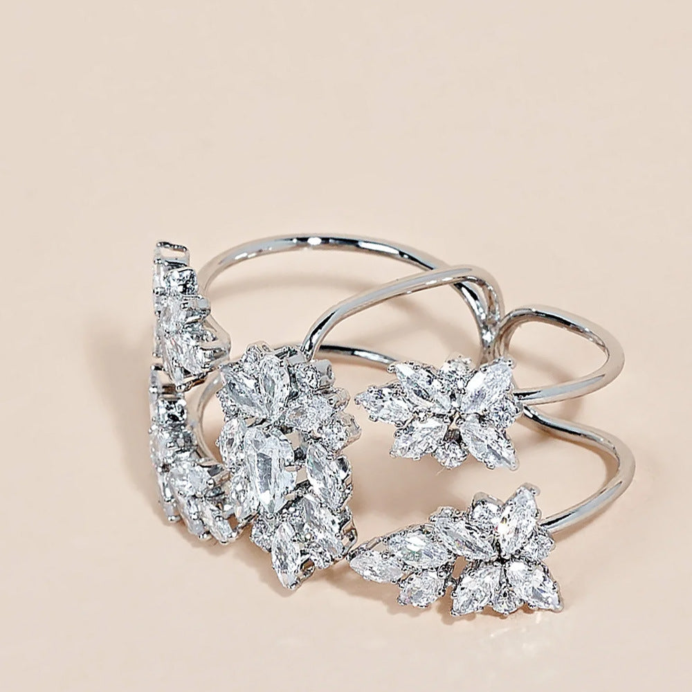 Zircon ring, unique stacking, floral design with zircon inlay, adjustable