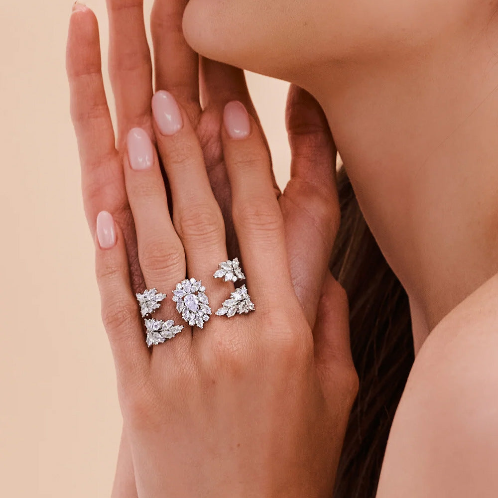 Zircon ring, unique stacking, floral design with zircon inlay, adjustable