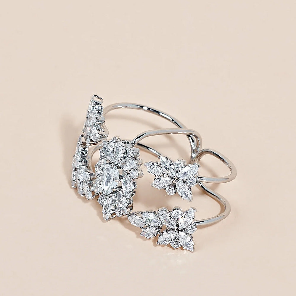 Zircon ring, unique stacking, floral design with zircon inlay, adjustable
