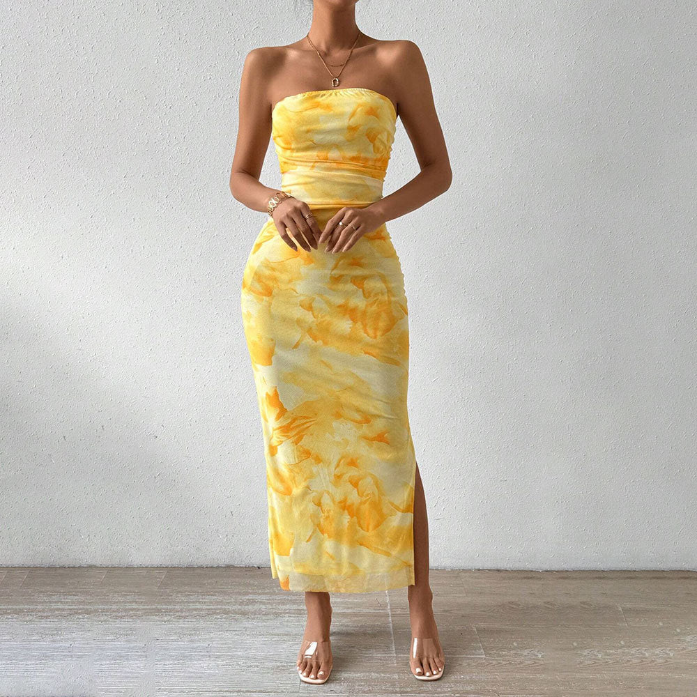 The Snatched Summer Silhouette | Strapless Ruched Mesh Slit Maxi Dress