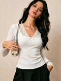 French Lace V-Neck Bow Ribbed Long Sleeve Top