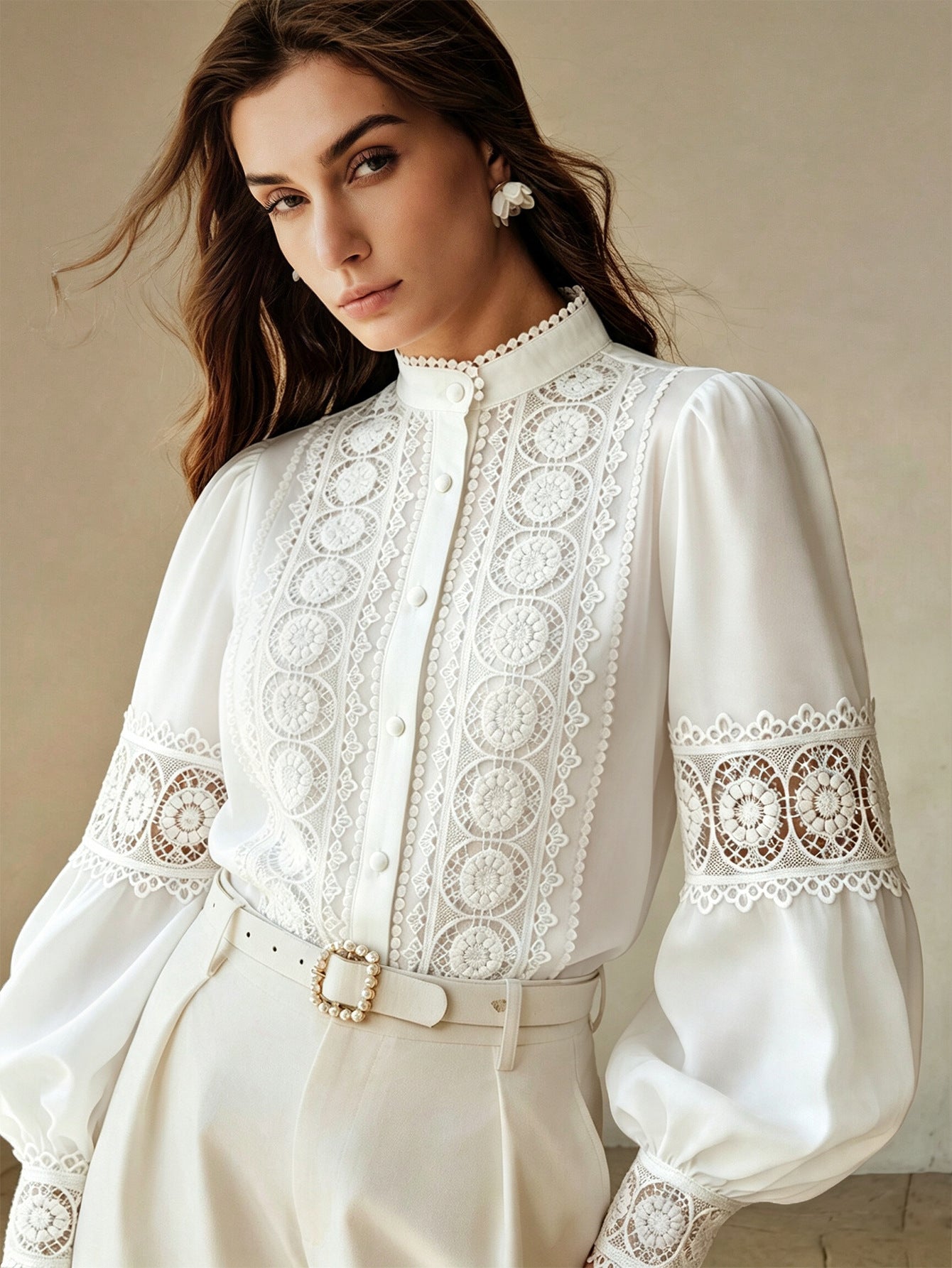 Victorian Lace Cutout Stand-Collar Blouse