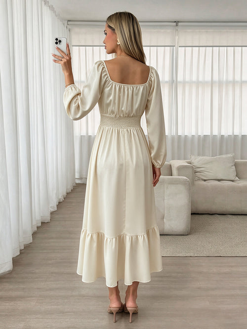 French Elegant Square-Neck Smocked Maxi Dress