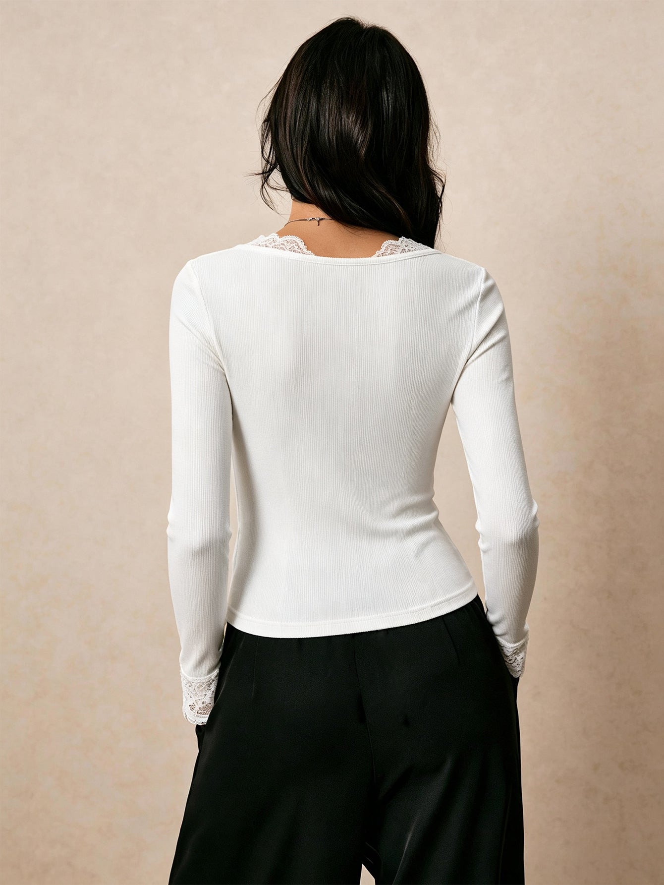 French Lace V-Neck Bow Ribbed Long Sleeve Top