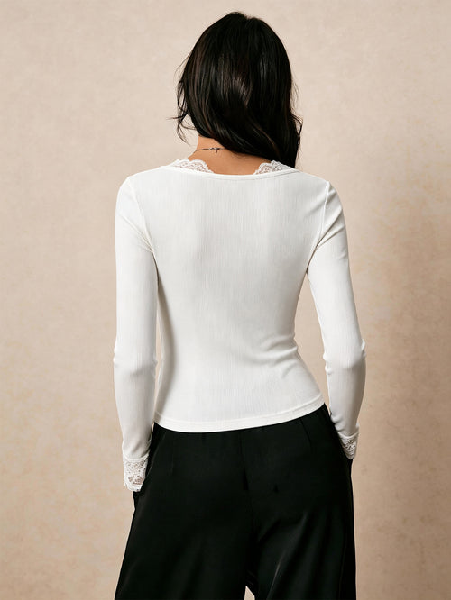 French Lace V-Neck Bow Ribbed Long Sleeve Top