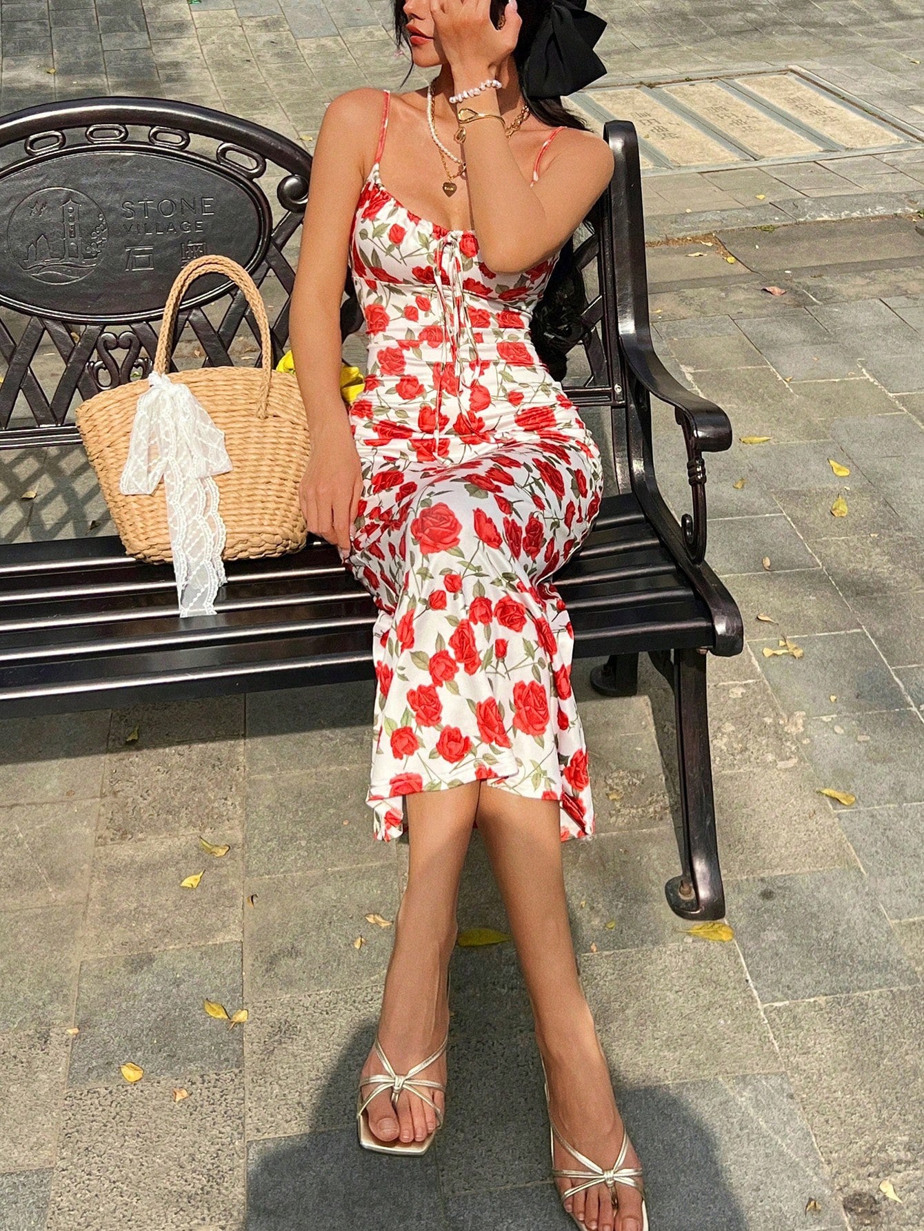The Riviera Romance Maxi | French Vintage Rose Ruched Drawstring Slip Dress