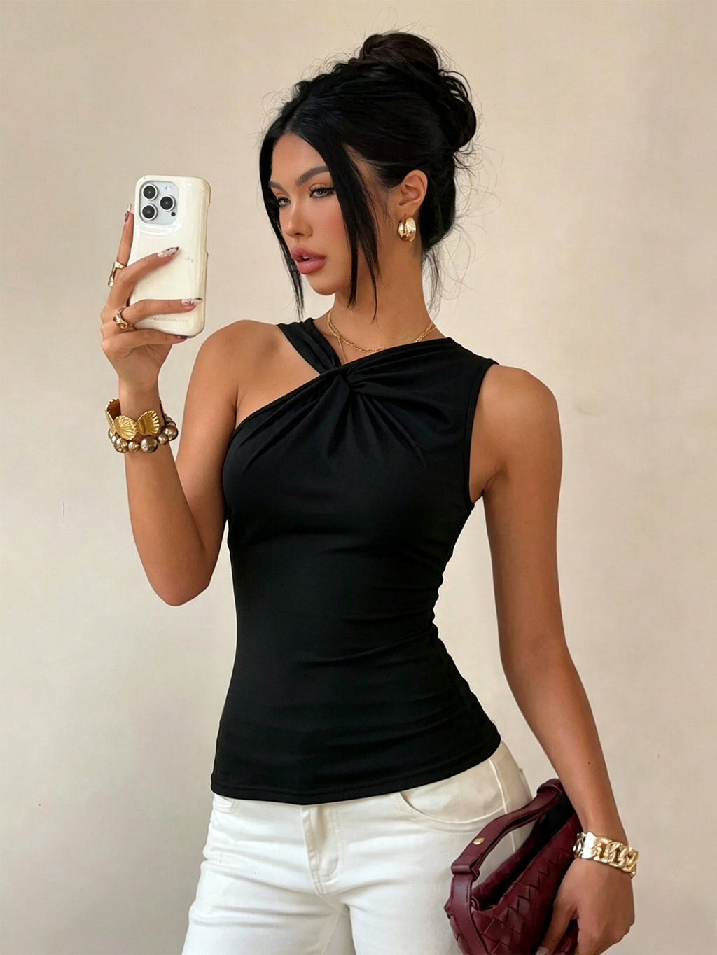 Asymmetrical One-Shoulder Twist Front Sleeveless Top