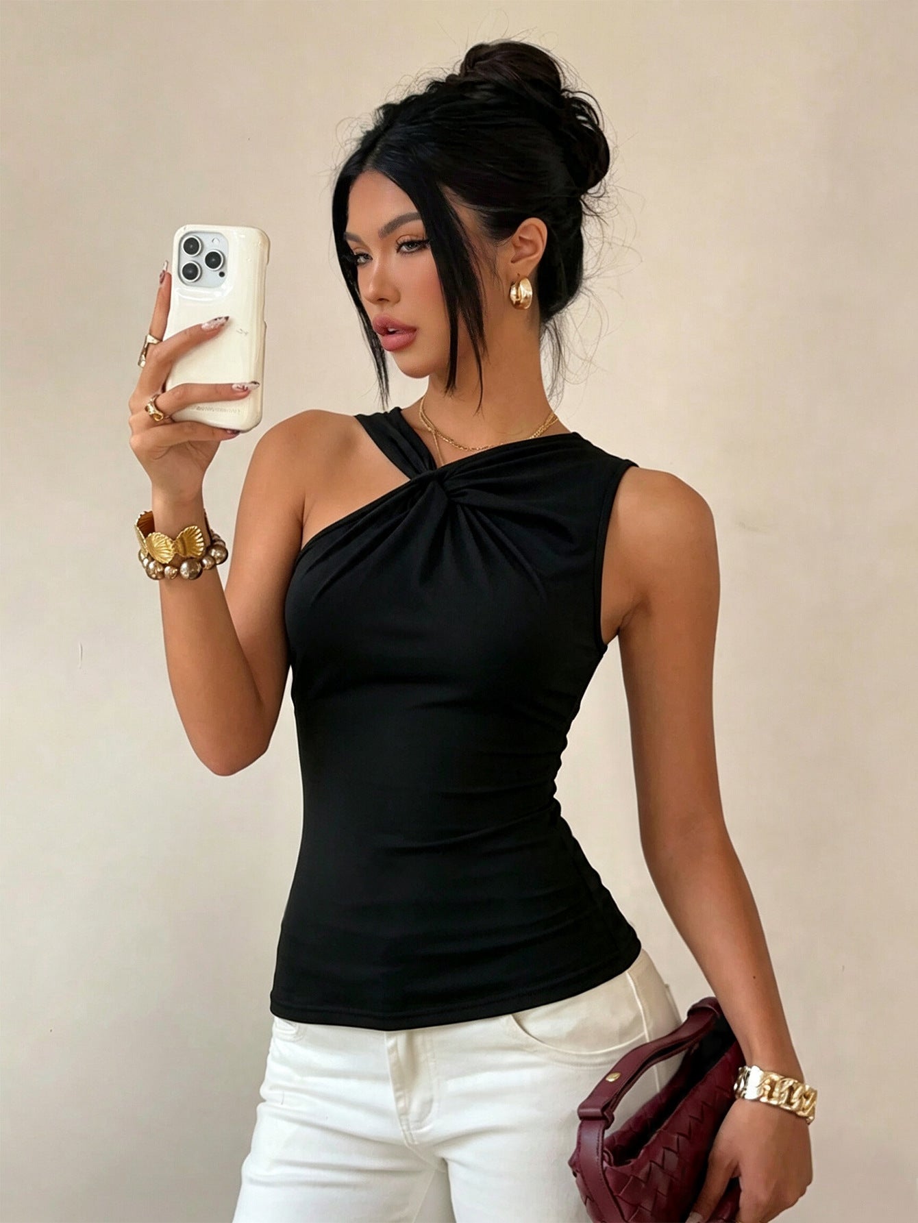Asymmetrical One-Shoulder Twist Front Sleeveless Top