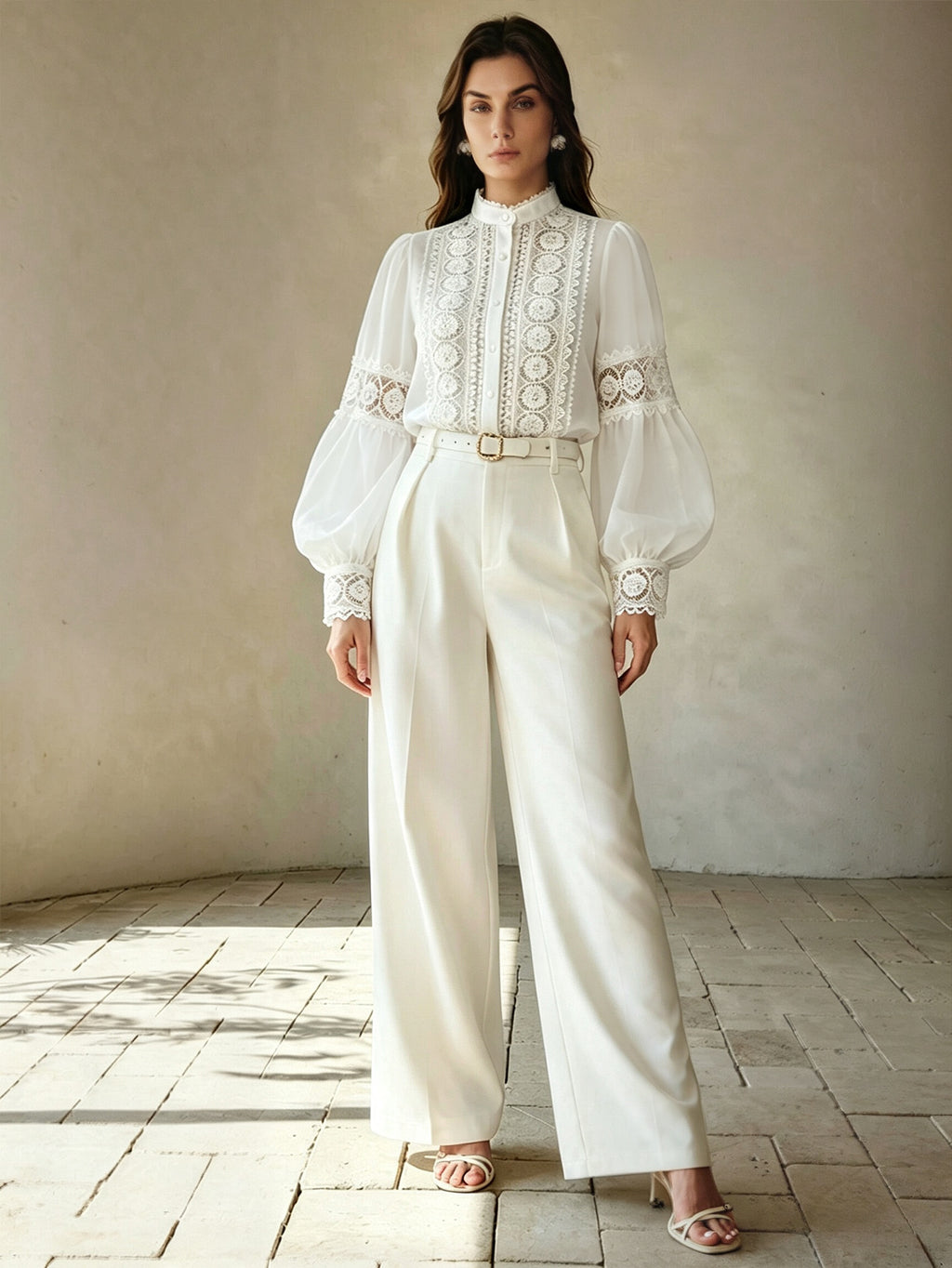 Victorian Lace Cutout Stand-Collar Blouse
