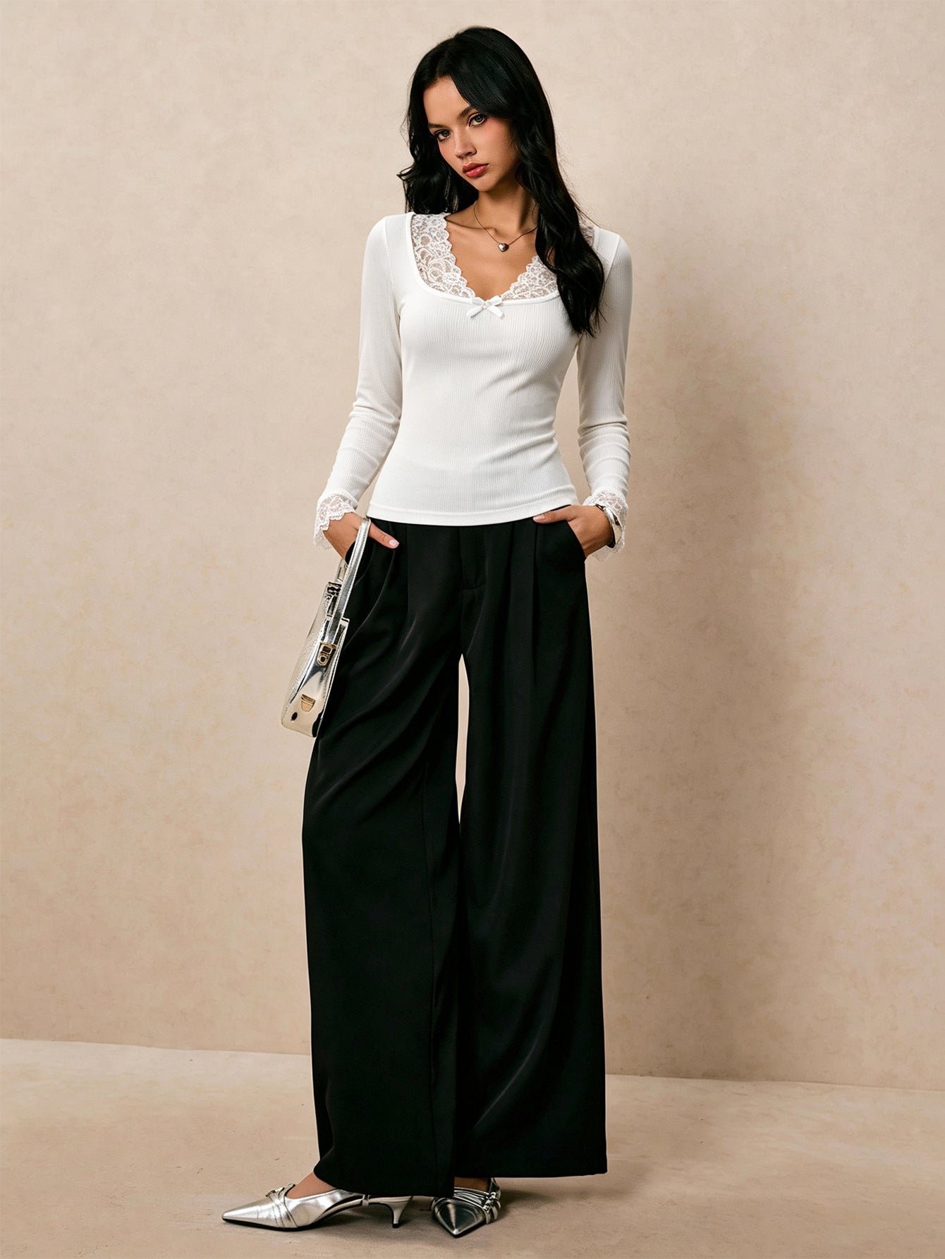 French Lace V-Neck Bow Ribbed Long Sleeve Top